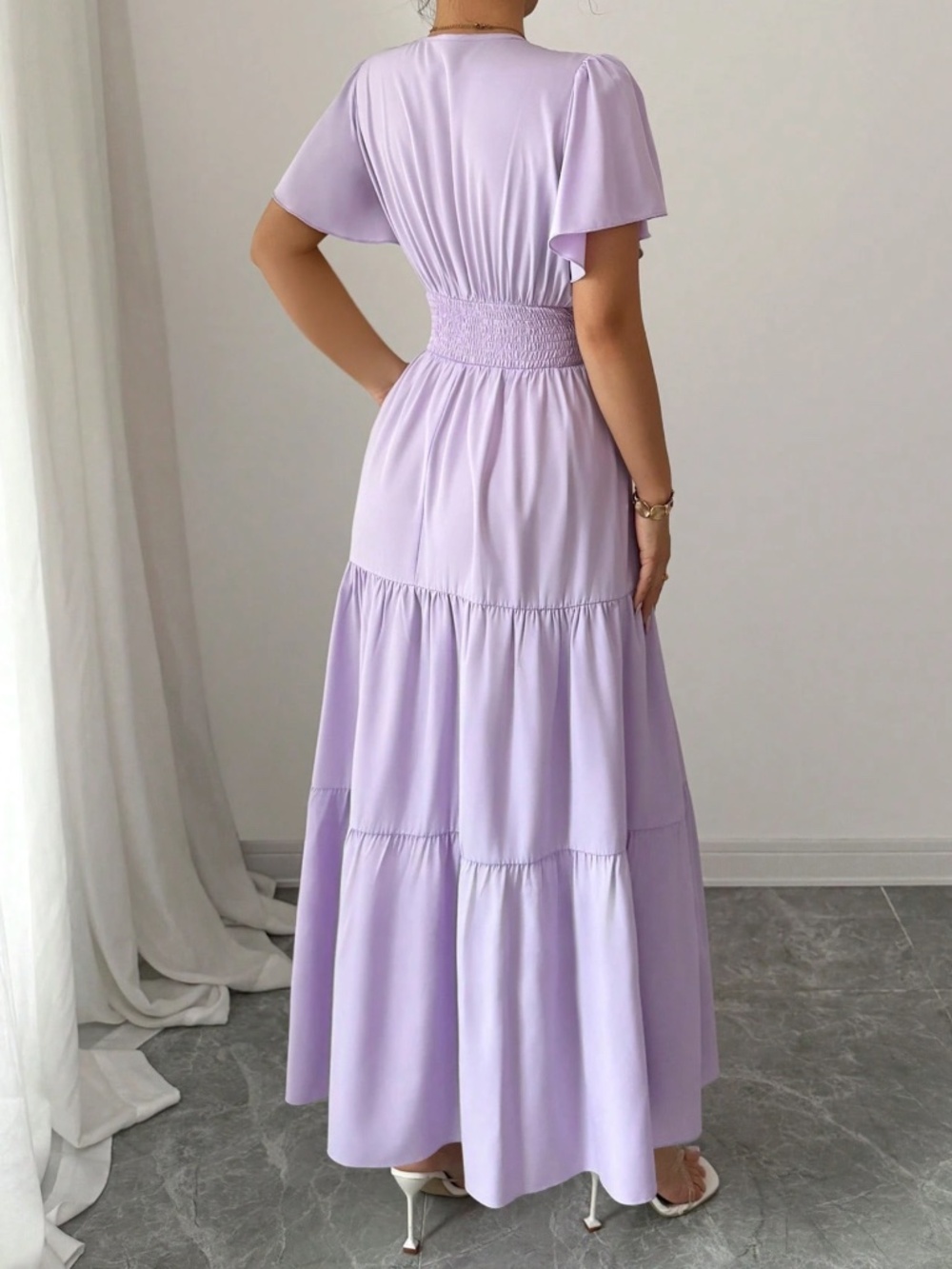 Classic V neck Solid Flounce Sleeve High Waisted Maxi Dress - Picture 3 of 13